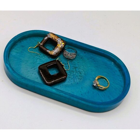 Blue-Green Oval Resin Tray 7" Jewelry Holder & Organizer For Accessories - Picture 1 of 10